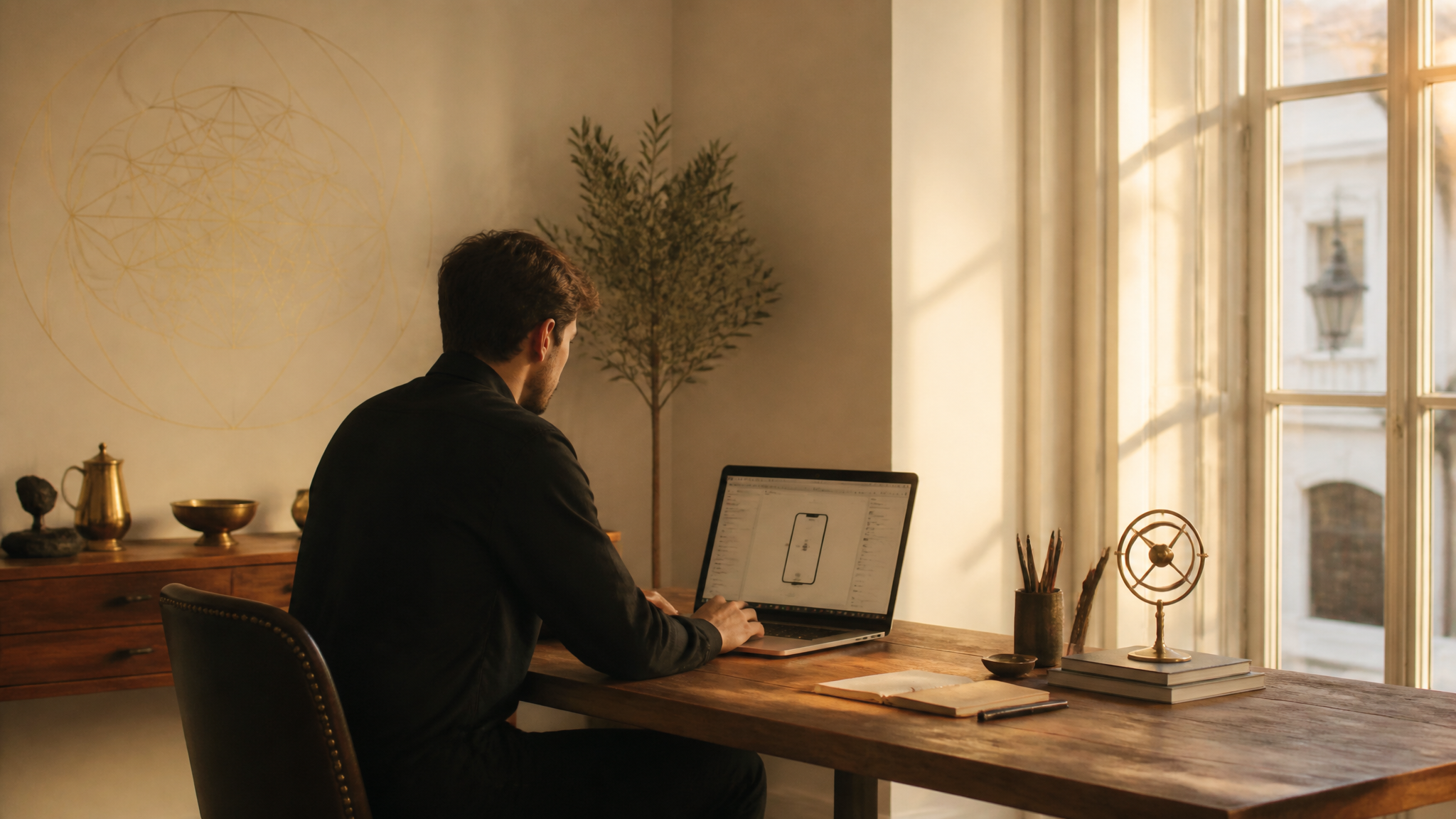 Holy Automation custom app and product build - founder building an app in a Charleston studio, golden hour