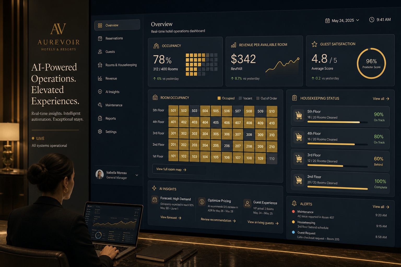 Holy Automation hotel AI dashboard — revenue management, guest experience, bookings, housekeeping